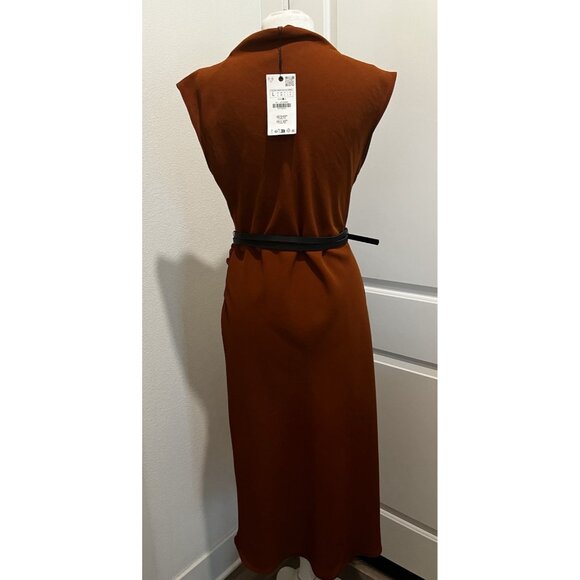 ZARA ZW COLLECTION Belted Midi Dress Size Large Sleeveless New side pleat - Picture 2 of 9